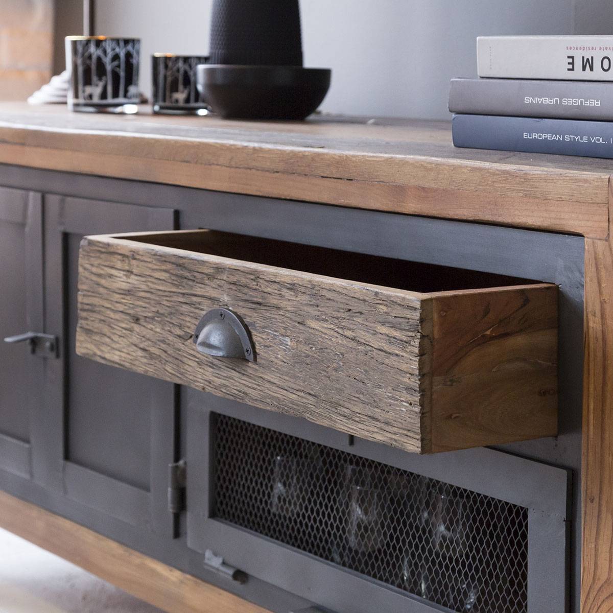 Meuble TV en bois recyclé HECTOR gris, MADE IN MEUBLES