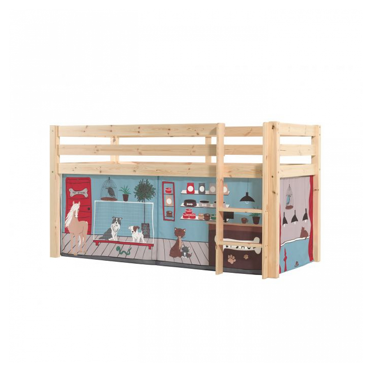 Lit Compact Naturel + Rideau en parties Animalerie couleur unique, VIPACK