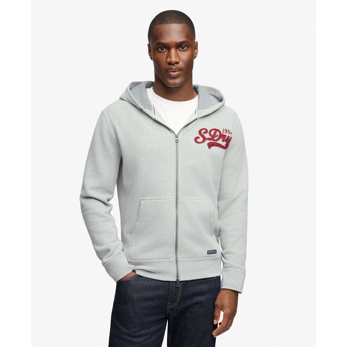 Sweat zippé à capuche Heritage Applique Coupe Décontractée gris chiné clair, SUPERDRY