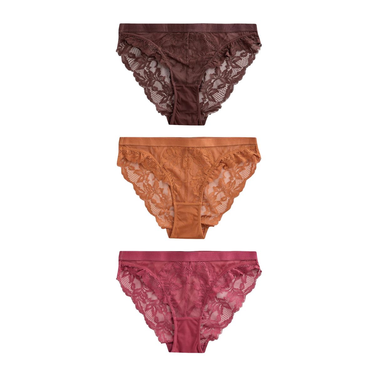 Culotte échancrée en dentelle, lot de 3 rouge bordeaux/chocolat/jaune, NEXT
