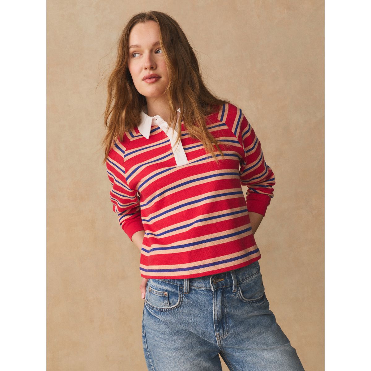 Polo de rugby avec col et manches longues rayures rouges et bleues, NEXT