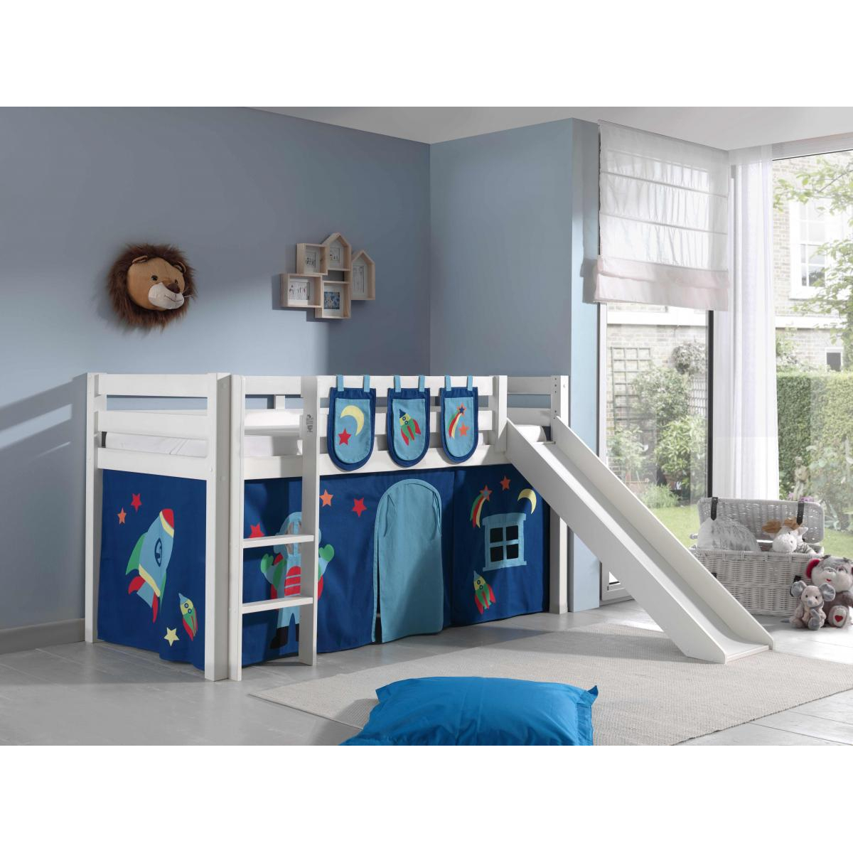 PINO Lit mezzanine avec toboggan + Space rideau de lit et 3 pochettes couleur unique, VIPACK