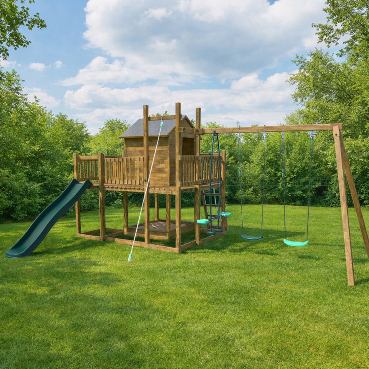 Aire de jeux avec cabane et toboggan COTTAGE HAPPY marron, SOULET