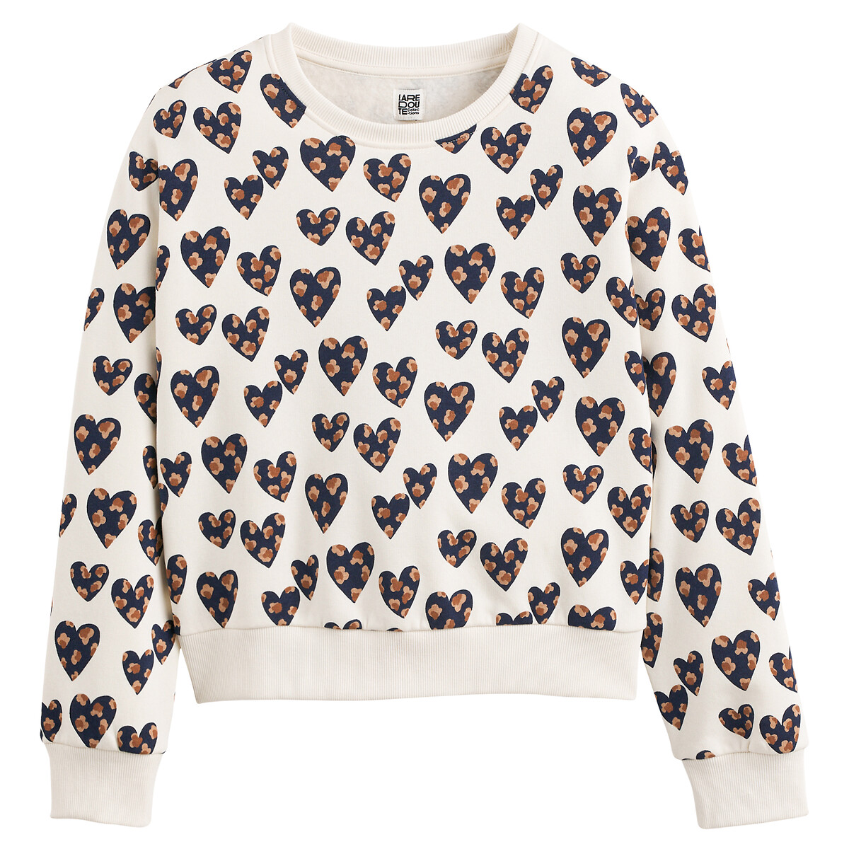 Heart Print Sweatshirt in Cotton Mix with Crew Neck ecru print, LA REDOUTE COLLECTIONS