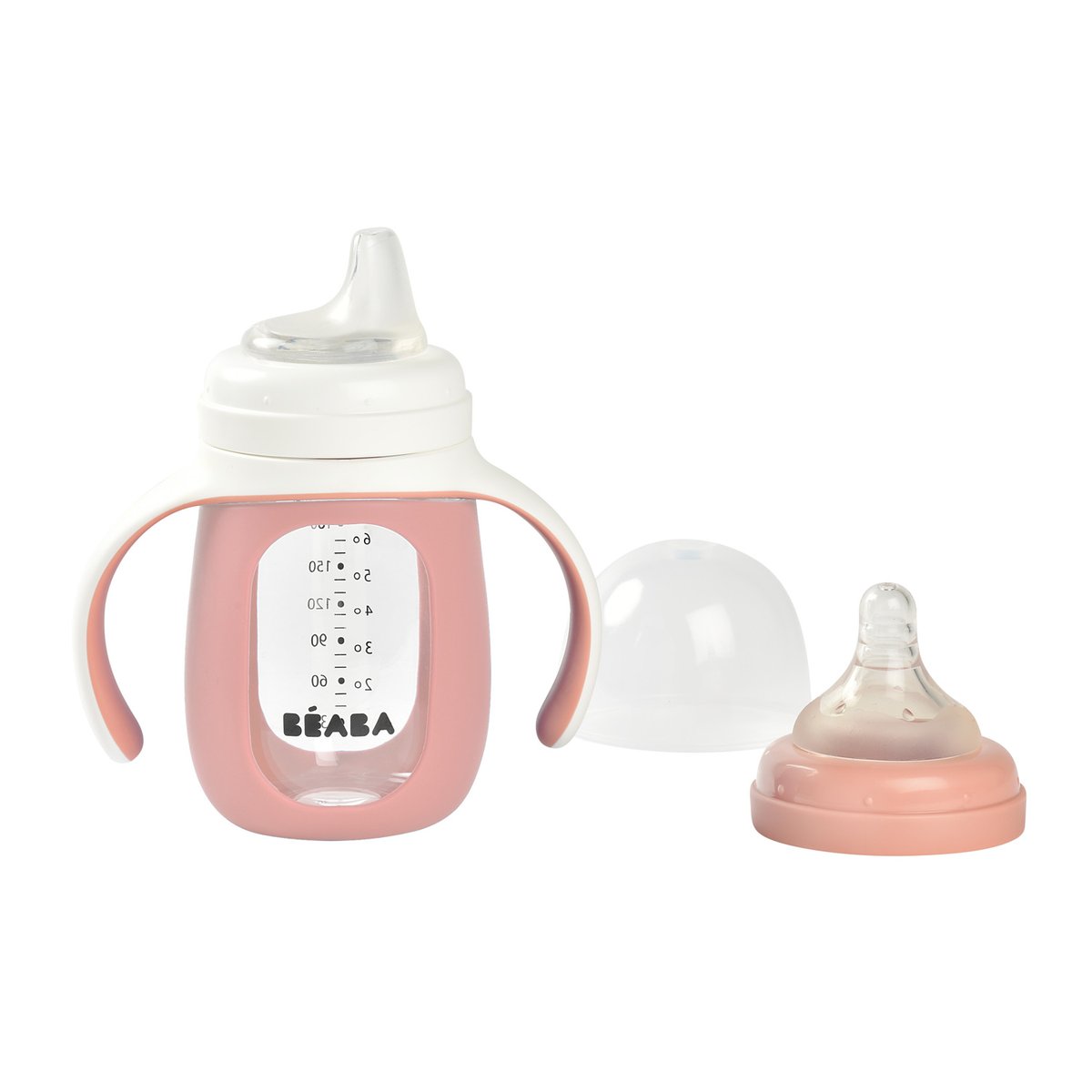 Biberon verre + housse silicone 2 en 1 rose ancienne, BEABA