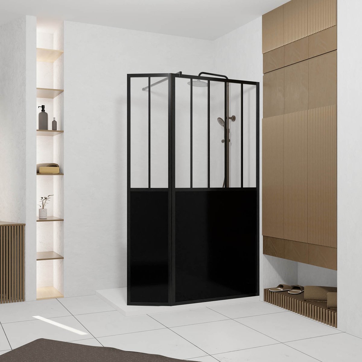 Paroi de douche verrière avec volet pivotant en verre trempé 5 mm noir, HOME MAISON