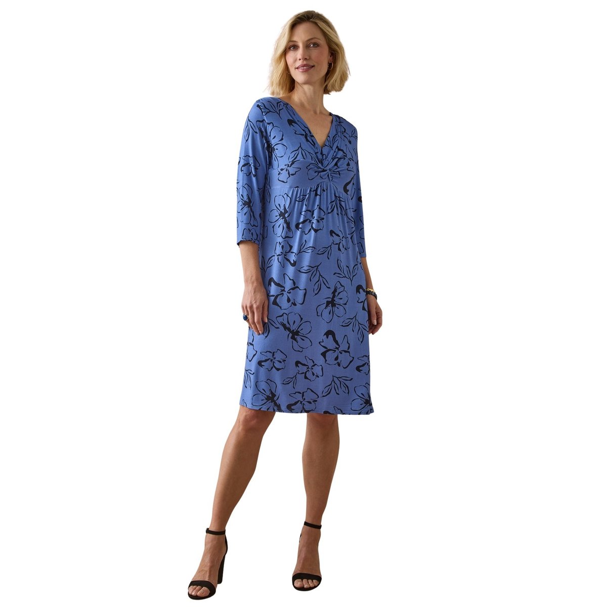 Robe fluide effet drapé imprimé marine et blanc, DAXON