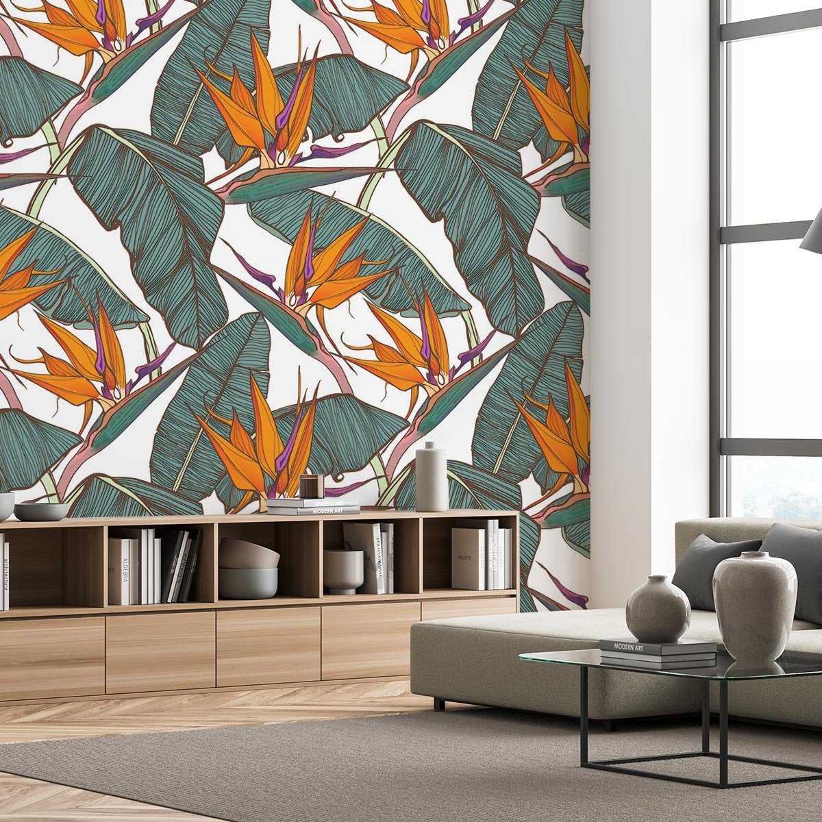 Papier peint panoramique fleurs oranges tropicales intissé, HEXOA
