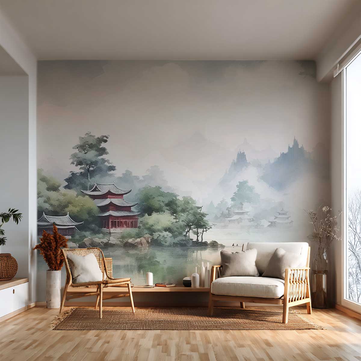 Papier peint panoramique fleuve asiatique vert, HEXOA