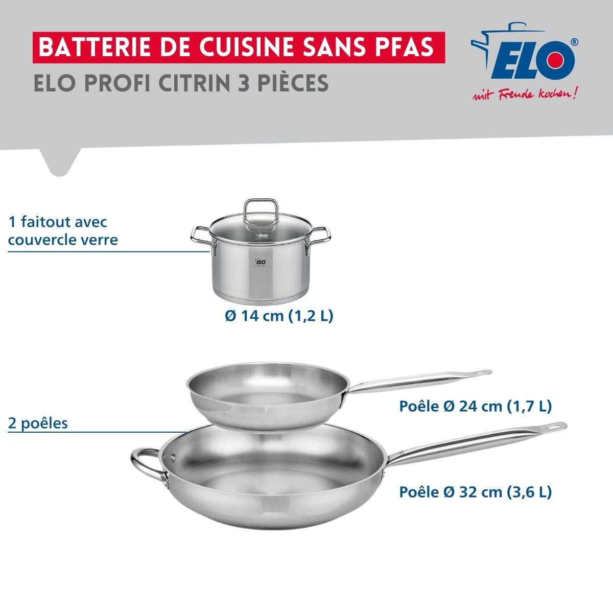 Batterie 2 poêles 24/32cm + 1 faitout 14cm PROFI CITRIN gris, ELO