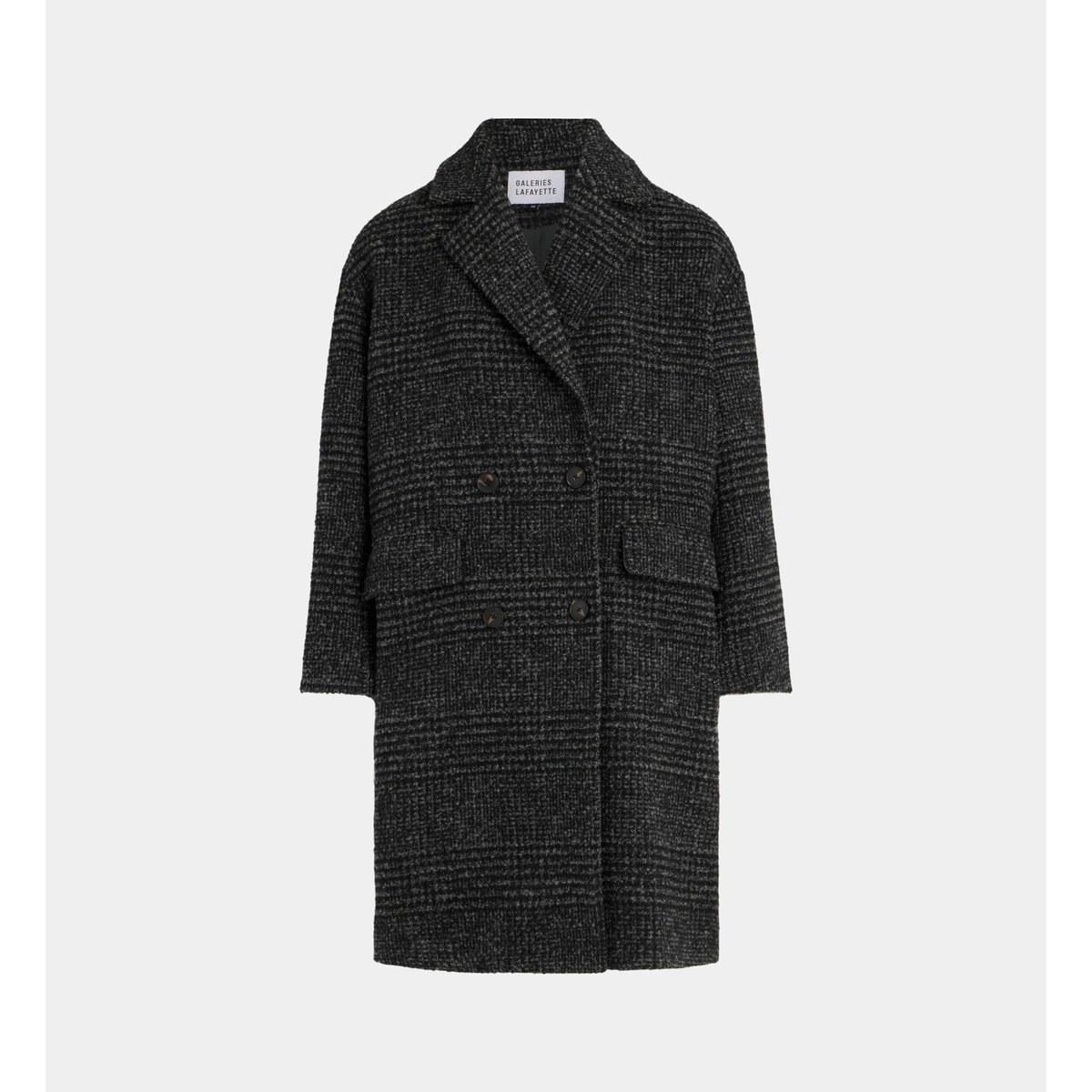 Manteau bedford new ample mi-long en laine recyclée gris et noir, GALERIES LAFAYETTE