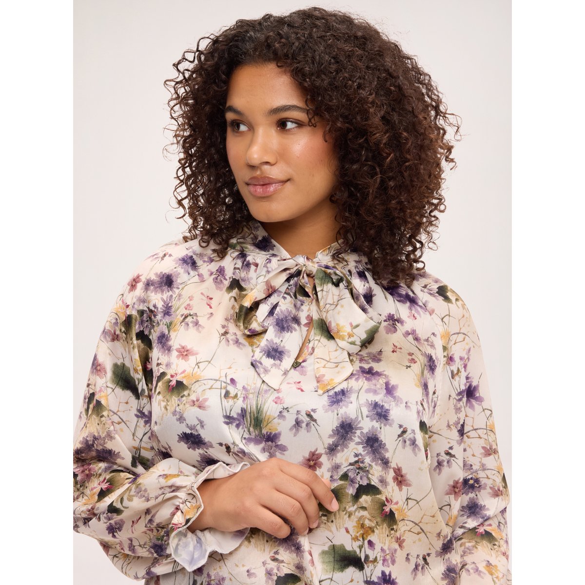 Blouse à imprimé floral avec nœud beige, FIORELLA RUBINO