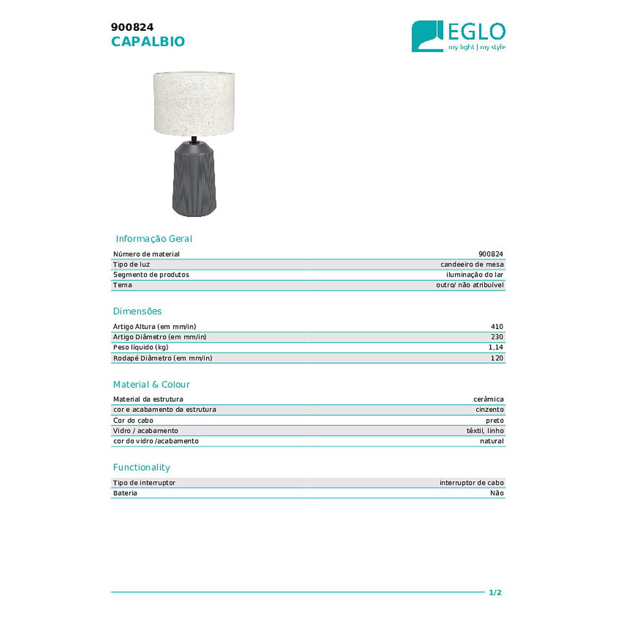 Candeeiro de mesa Capalbio, EGLO cinzento, EGLO