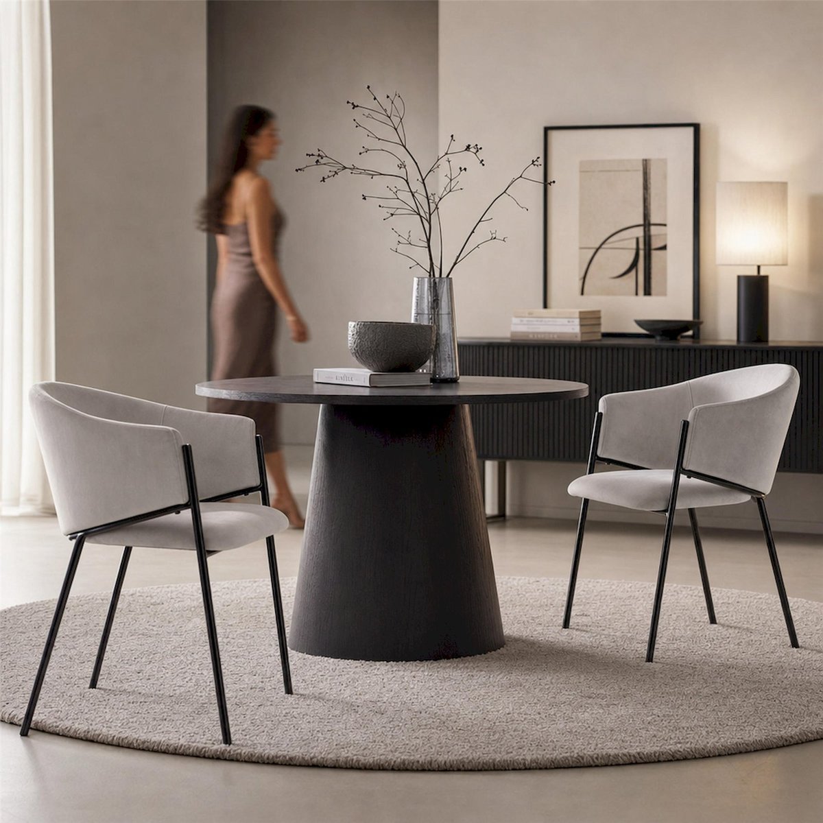 Chaise de salle à manger EVELINA avec accoudoirs gris clair et noir, RECOLLECTION