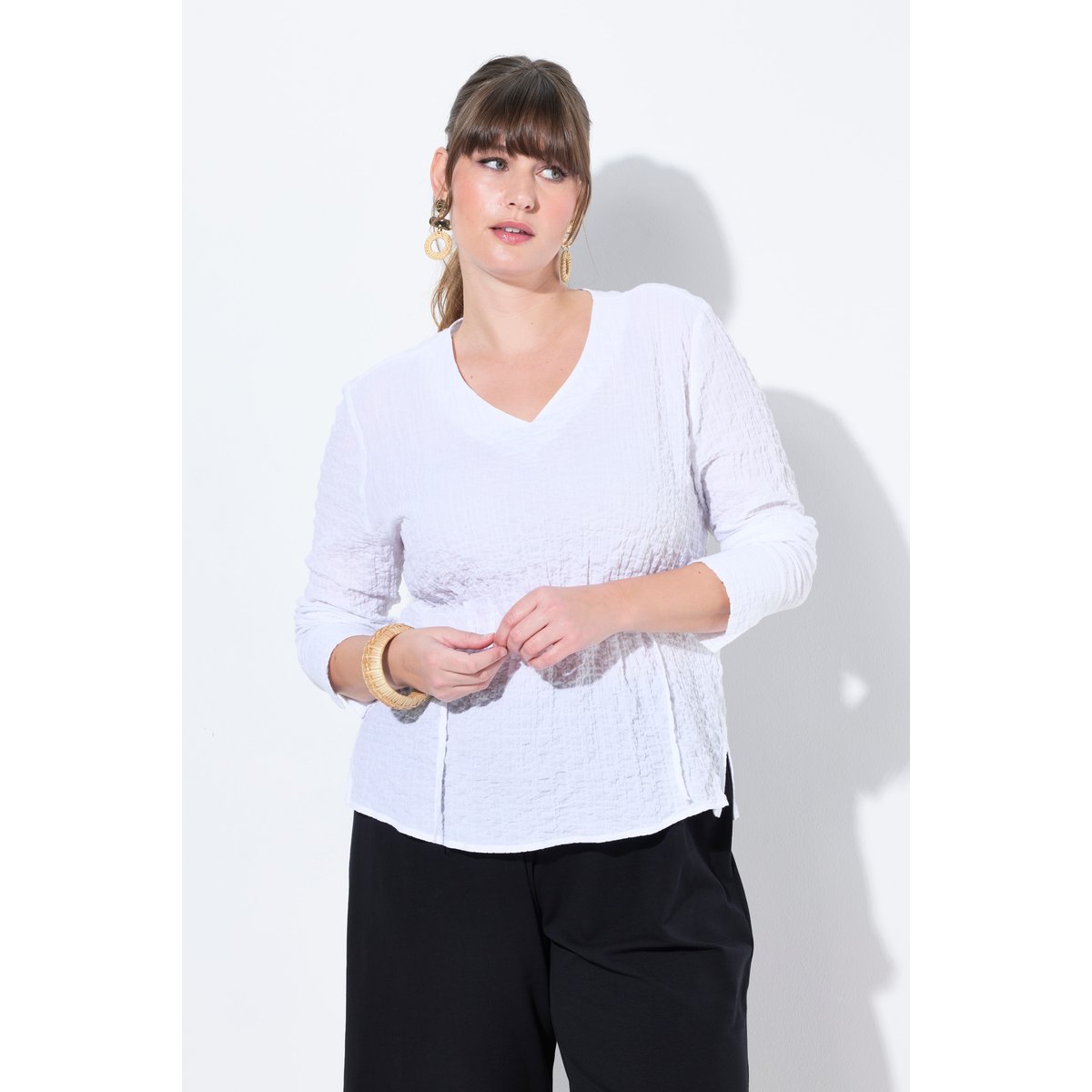 Blouse tunique, fronces, col en V blanc neige, ULLA POPKEN