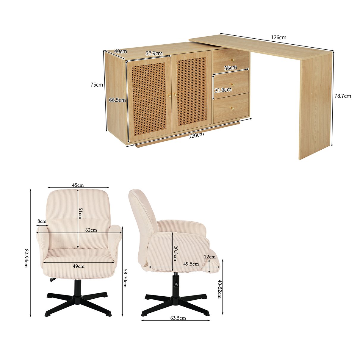 Ensemble de bureau d’angle rotatif avec portes rotin et chaise de bureau, DICCPERNTHOMASINACORD beige, MEUBLES COSY