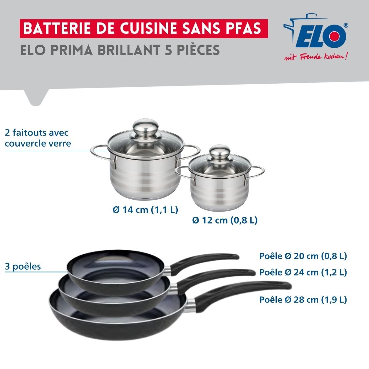 Batterie 3 poêles 20/24/28cm + 2 faitouts 12/14cm PRIMA BRILLANT noir, ELO