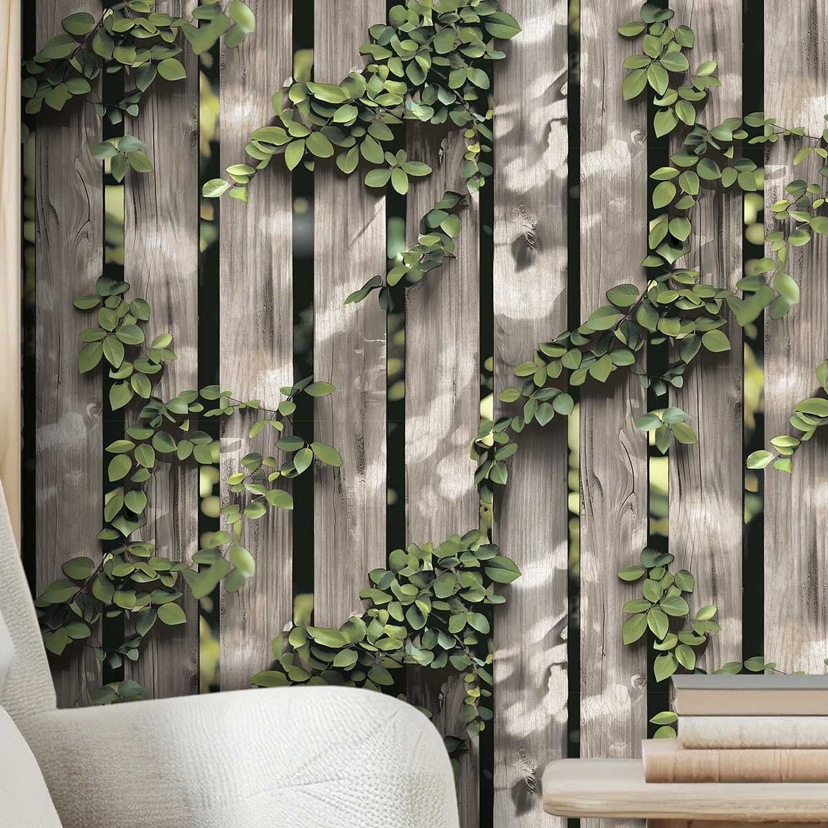 Papier peint clôture bois naturel avec feuillage grimpant gris, HEXOA