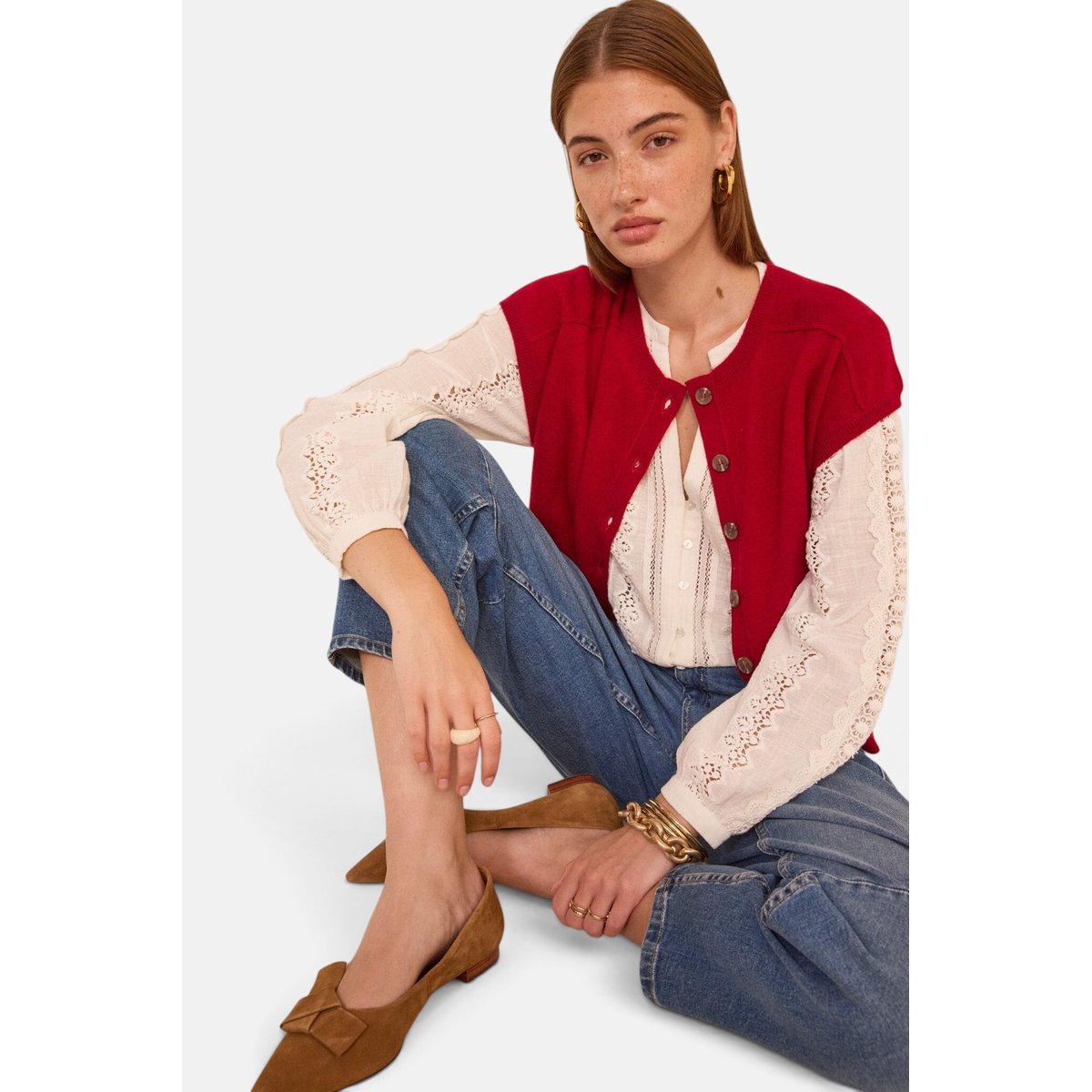 Blouse brodée à manches longues en coton MAGUY creme, Maison 123
