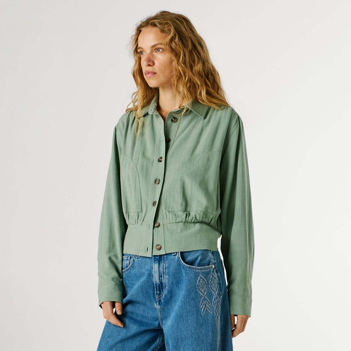 Veste Bomber À Col Chemise vert de blanc de javel, PEPE JEANS