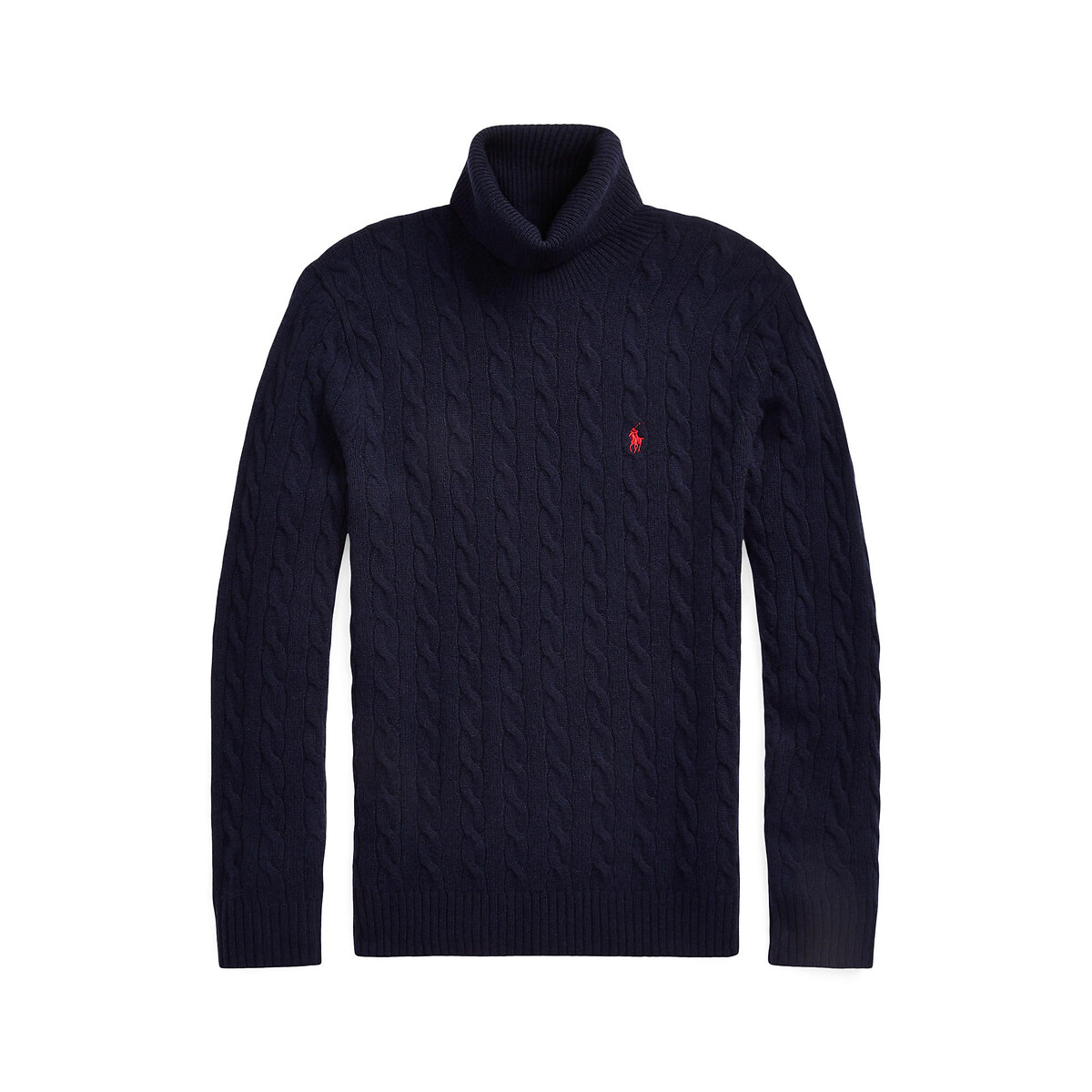 Pull a collo alto, lavorato a trecce, in lana mista blu marino, POLO RALPH LAUREN