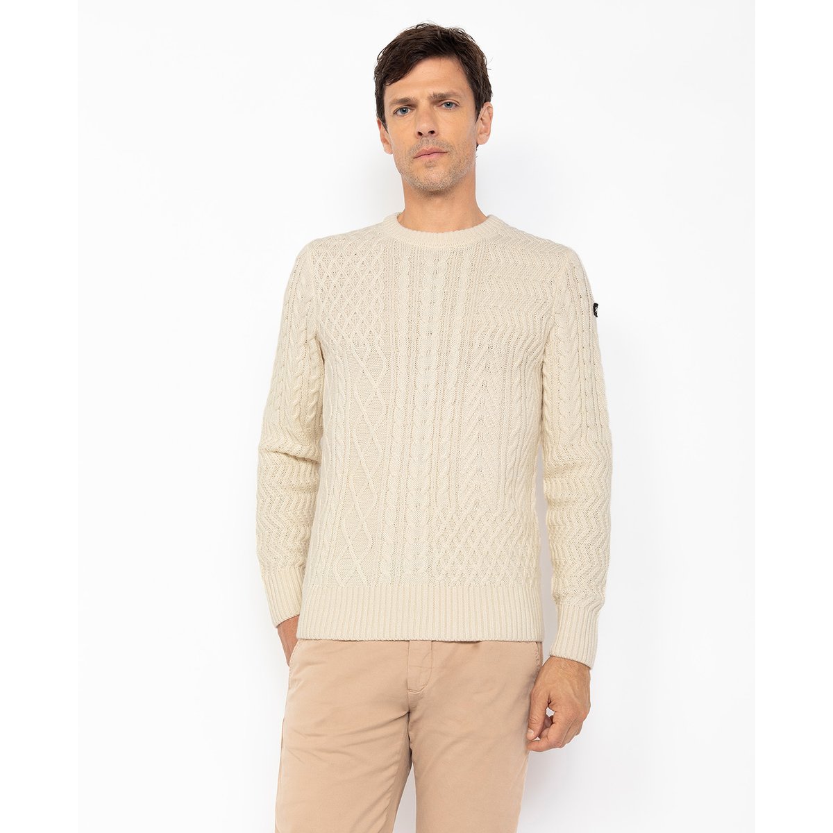 Pull col rond noir, maille torsadée blanc cassé, SCHOTT