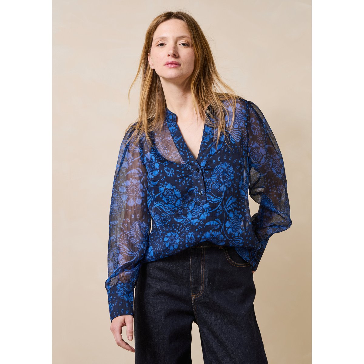 Top en voile imprimé floral manches longues bleu, LA FEE MARABOUTEE