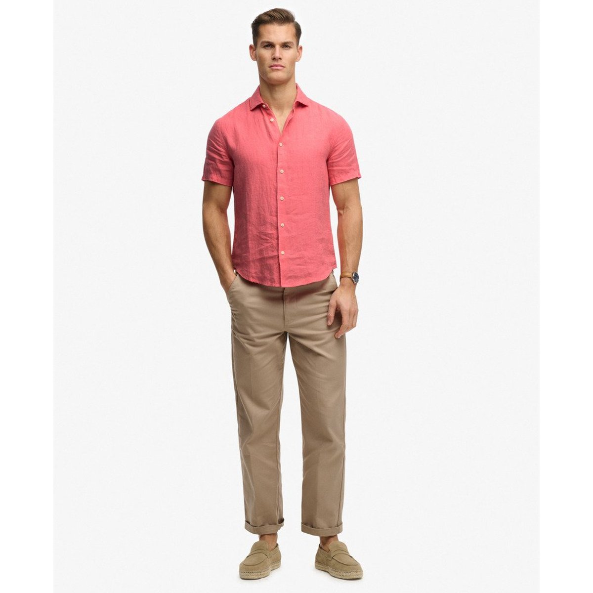 Chemise en lin à manches courtes Riviera corail, SUPERDRY