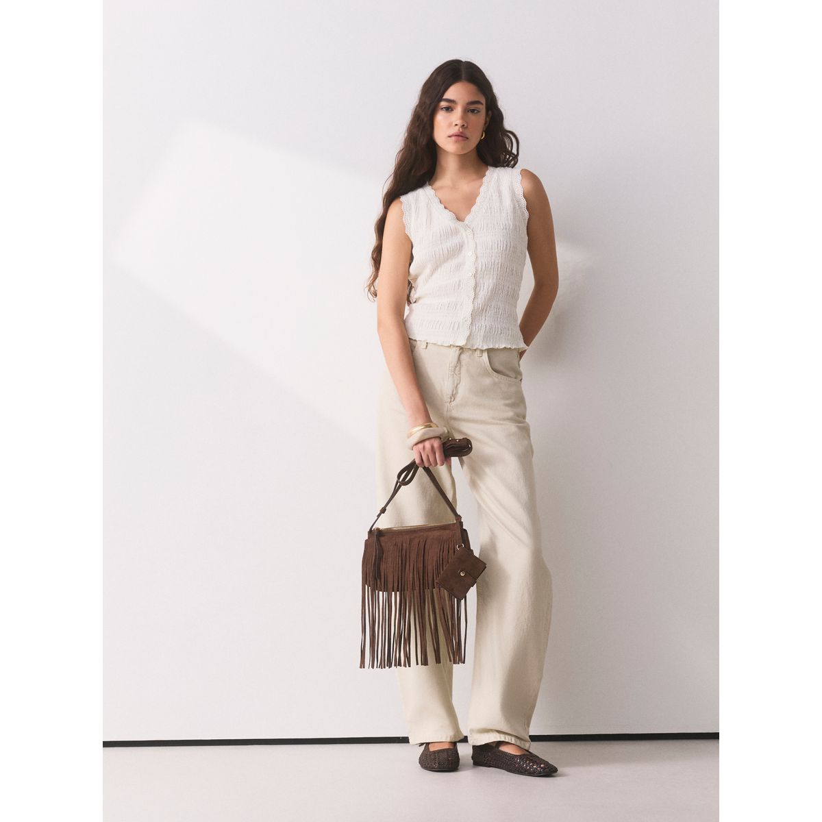 Sac à bandoulière en daim franges marron chocolat, NEXT