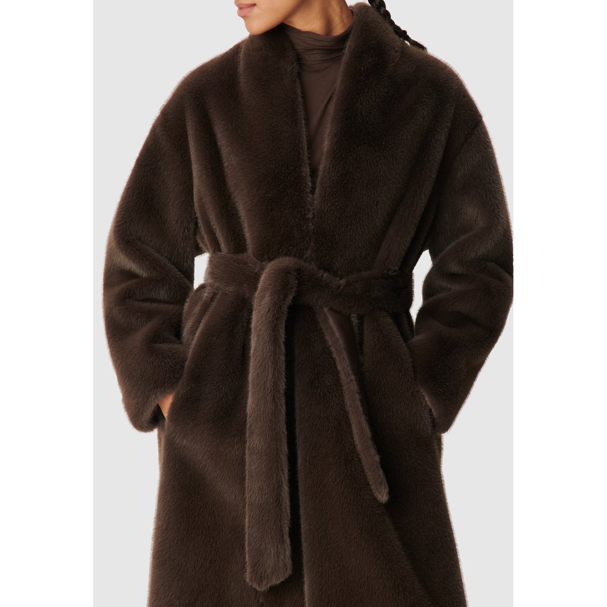 Manteau long col montant avec ceinture marron foncé, IKKS