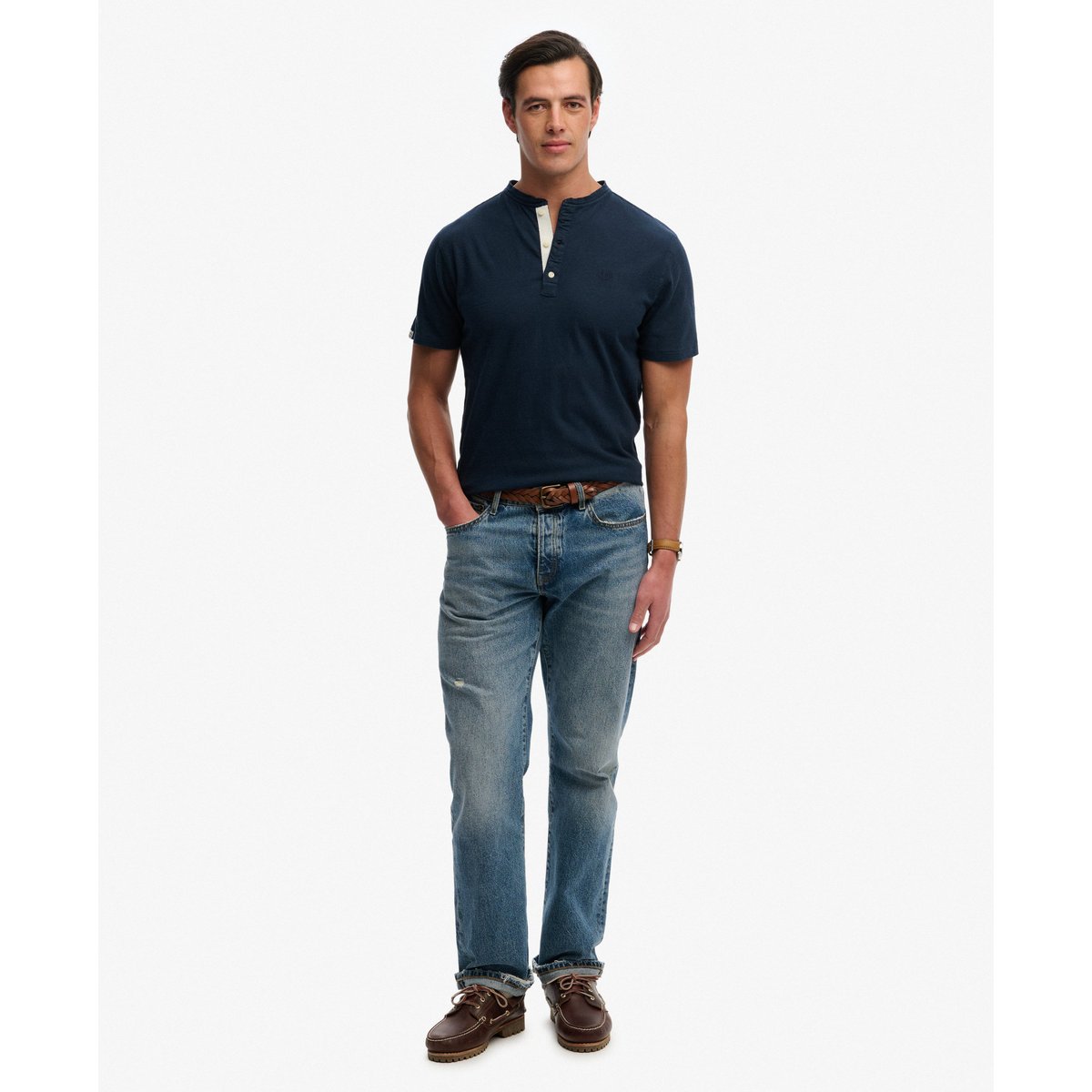 T-shirt Henley à manches courtes en coton et lin bleu marine chrome nordique, SUPERDRY