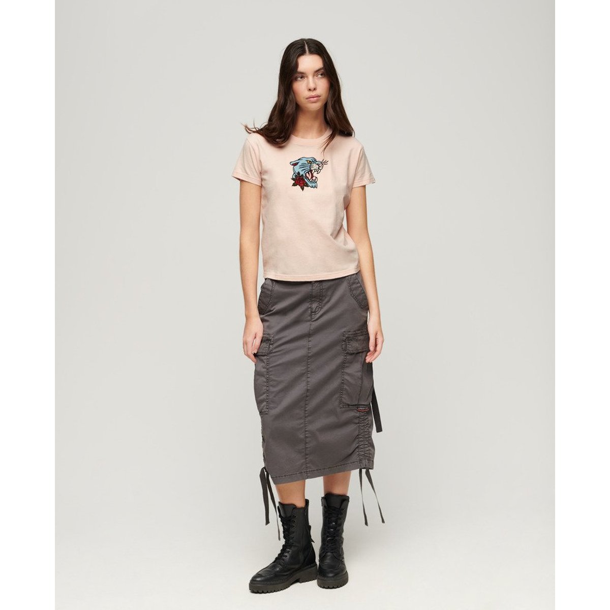 T-shirt ajusté brodé effet tatouage rose fouetté pêche, SUPERDRY