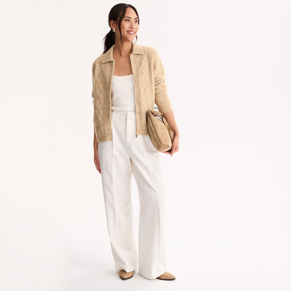 Cable Knit Zip-Up Polo Cardigan beige marl, ANNE WEYBURN