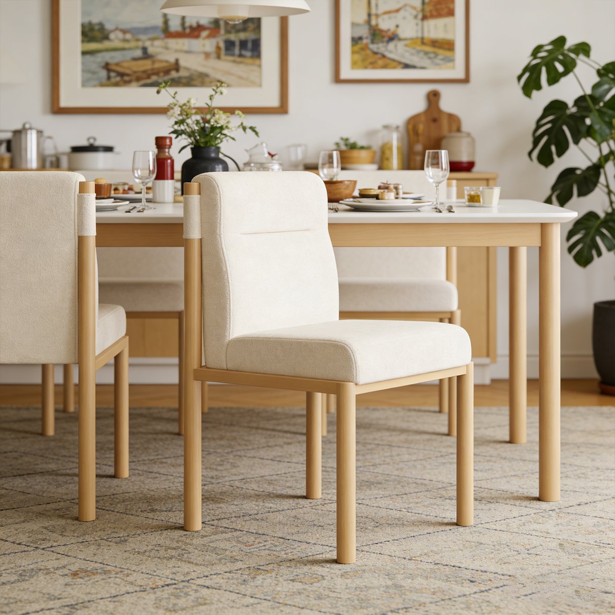 Lot de 2 chaises de salle à manger en bouclette avec pieds métal, DUORAU beige, MEUBLES COSY