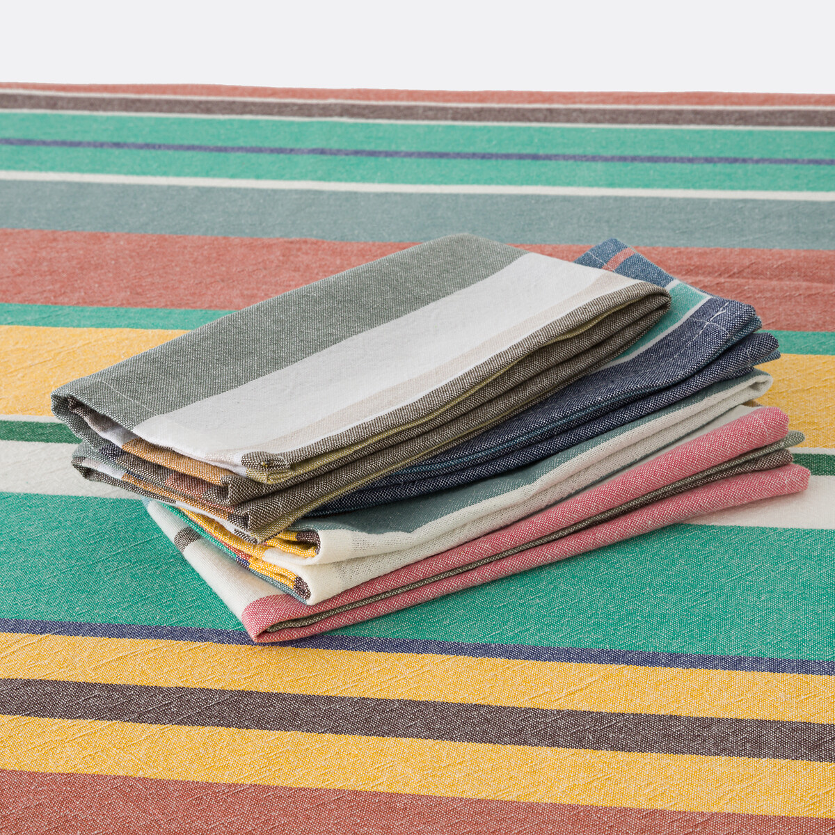 Antika Striped Tablecloth in Washed Woven-Dyed Cotton green/orange/white, LA REDOUTE INTERIEURS