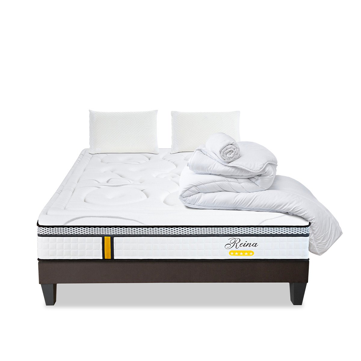 Pack Reina 2.0 140x200 cm Matelas Ressorts + Sommier Bois + Accessoires blanc, BELLECOUR