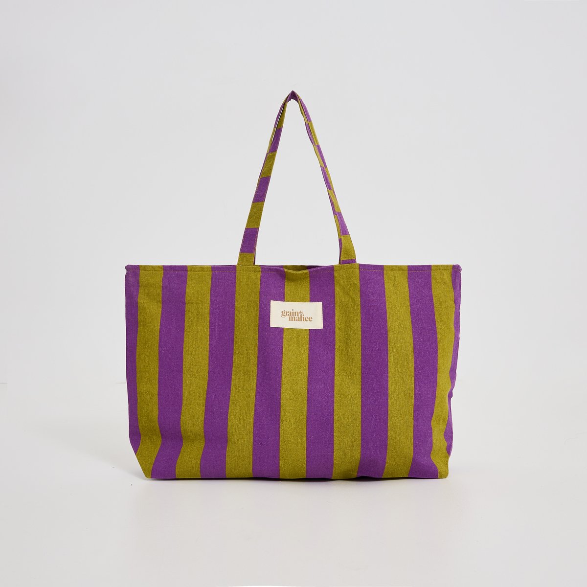 Tote bag rayé avec message vert kaki, GRAIN DE MALICE
