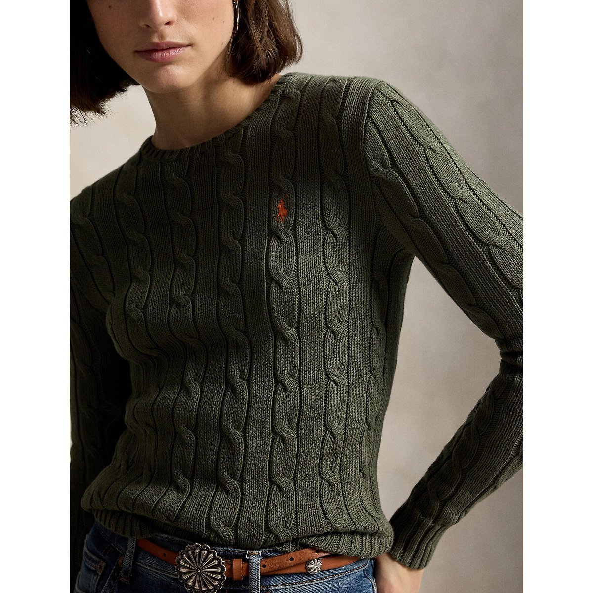 Cotton Cable Knit Crew Neck Jumper olive khaki, POLO RALPH LAUREN