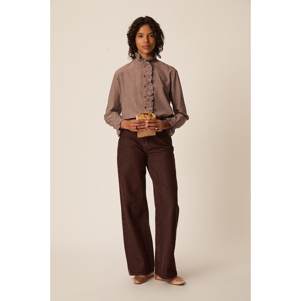 Blouse à carreaux et col montant volanté, SULLI marron, DES PETITS HAUTS