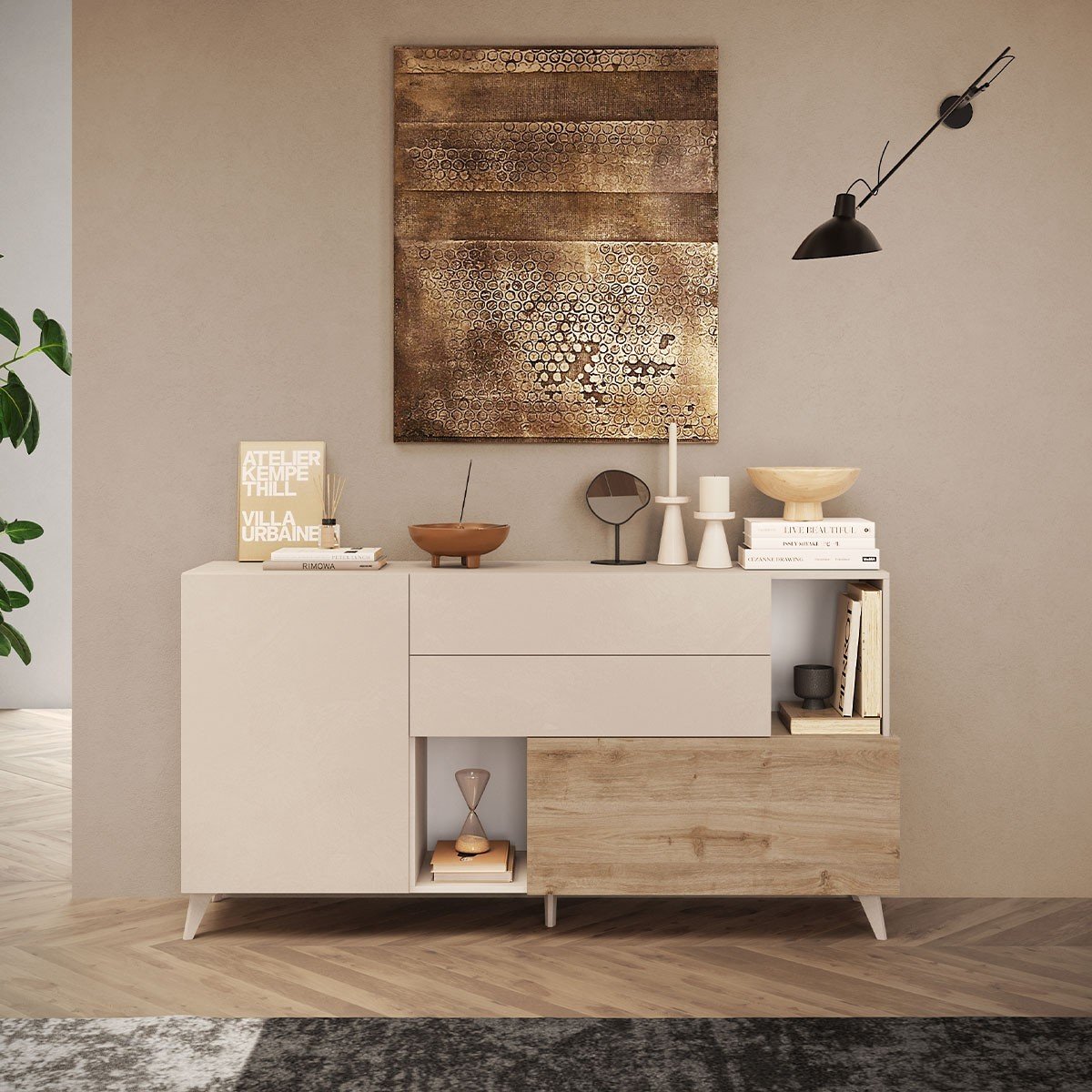 Buffet 2 portes, 2 tiroirs, 2 niches et 2 étagères L181 cm - MALA beige / chêne, CALICOSY
