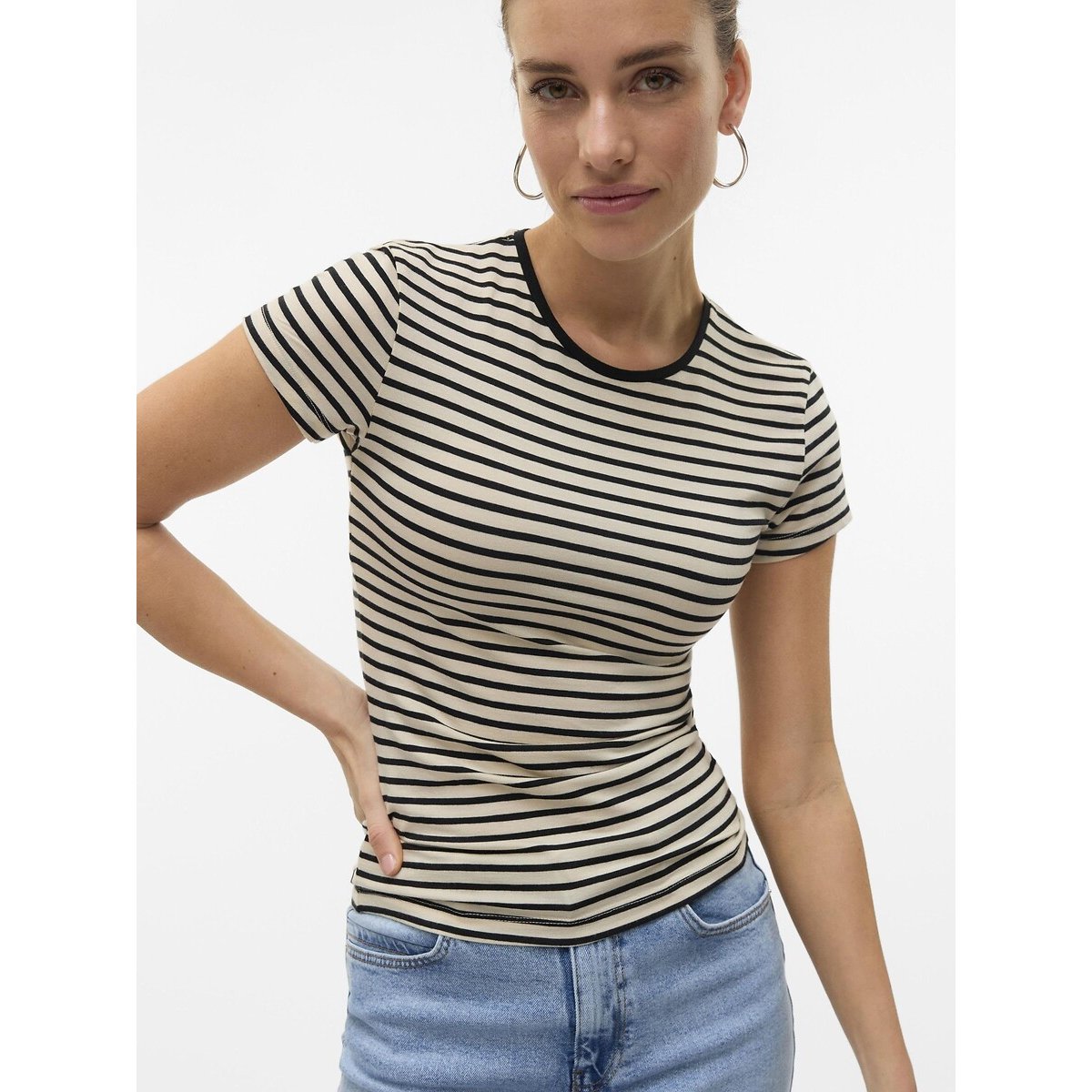 Striped Crew Neck T-Shirt ecru/black, VERO MODA