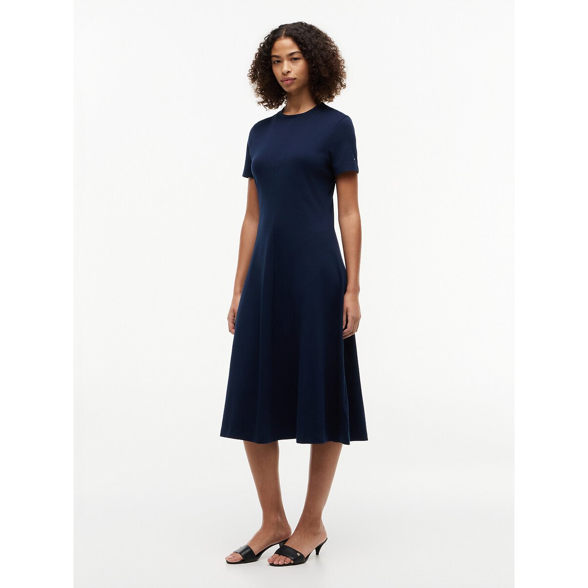 Vestido midi acampanado de manga corta azul marino, TOMMY HILFIGER