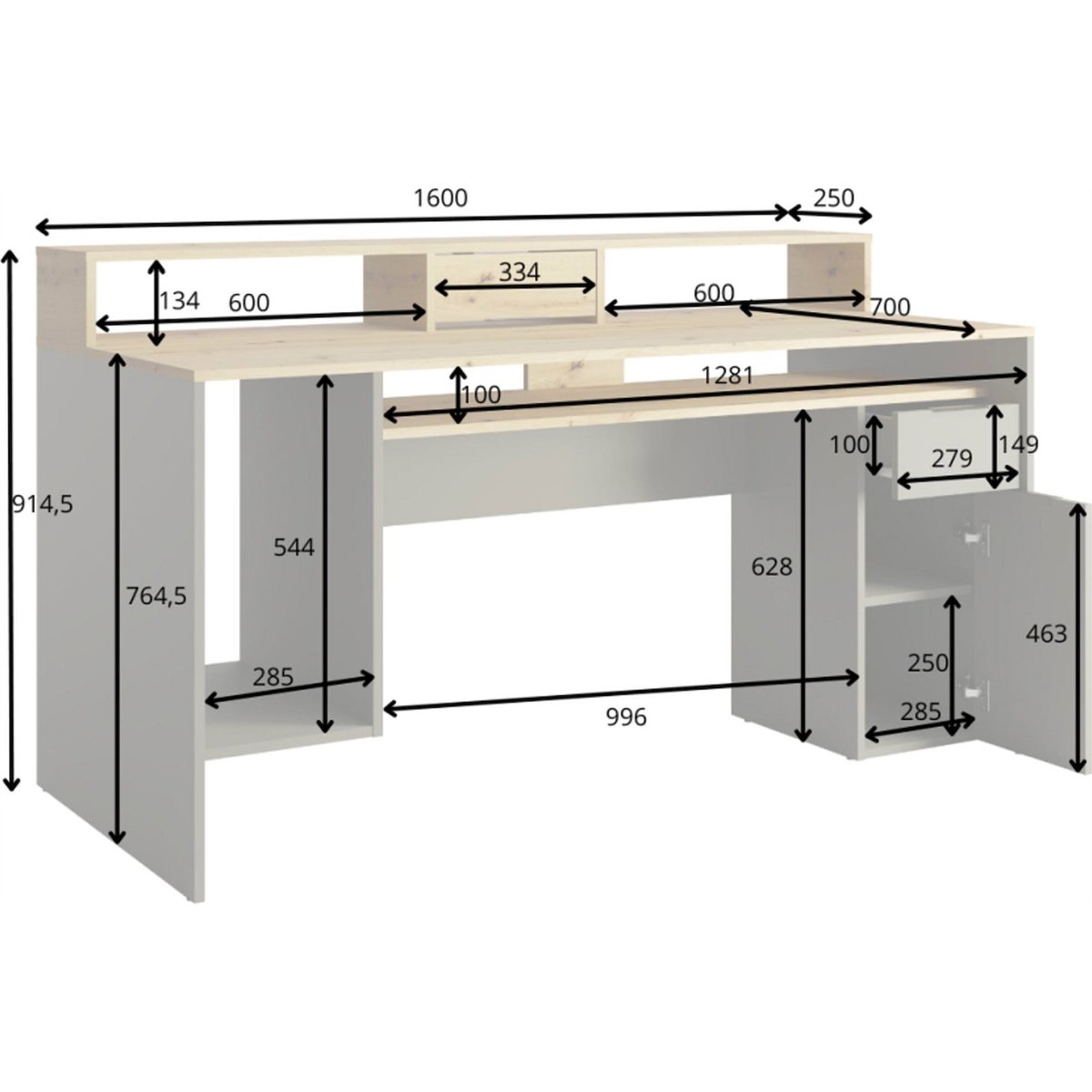Bureau avec rangement et tiroir collection GIKKO chêne artisan et gris graphite, RECOLLECTION