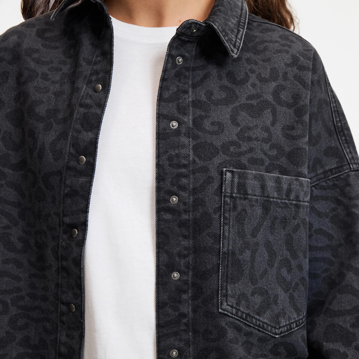 Chemise oversize en denim, imprimé léopard imprimé léopard/gris, LA REDOUTE COLLECTIONS