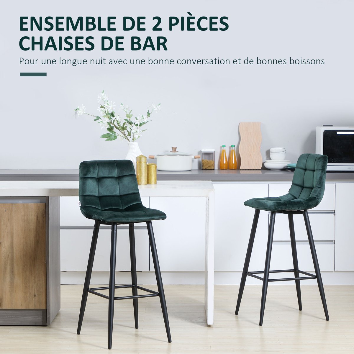 Tabouret de bar Velours (100 % polyester) vert foncé, HOMCOM