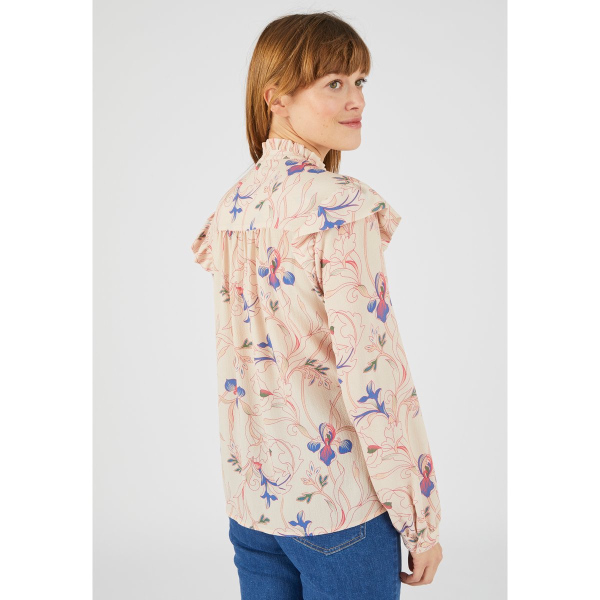 Chemisier crêpe à volants marron beige floral, DAMART