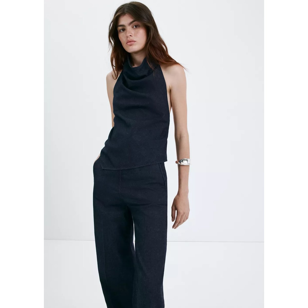 Pantalon en denim taille haute bleu, MANGO