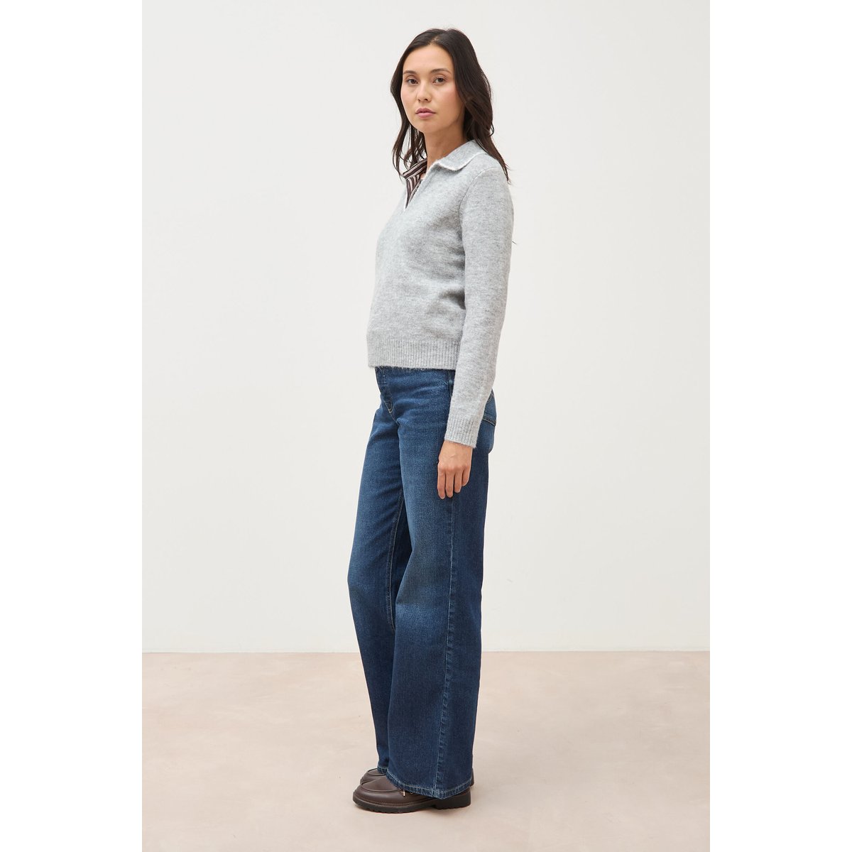 Pull droit col polo manches longues gris, BONOBO