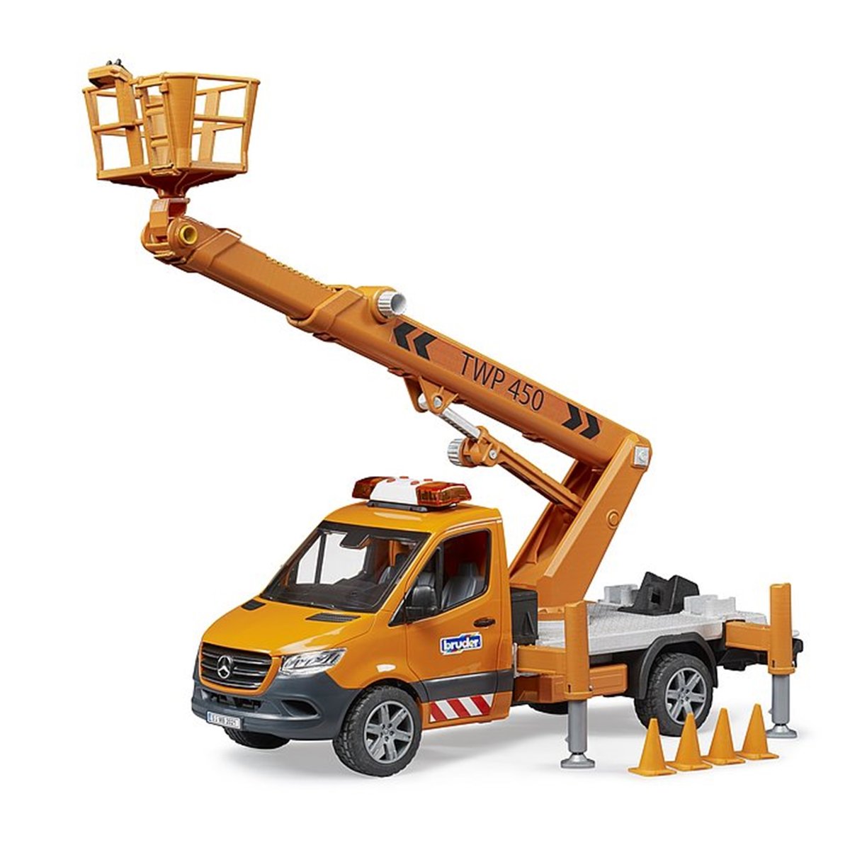 MB Sprinter avec plateforme de travail et module son + lumière orange, BRUDER
