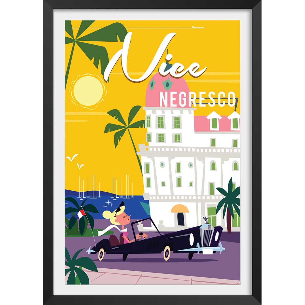 Affiche vacances à Nice affiche + cadre en bois - noir, HEXOA
